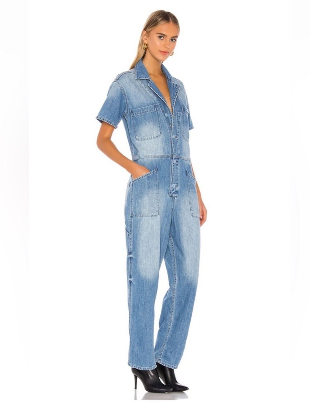Pistola Grover Breeze Light Blue Denim Utility Jumpsuit S Short Sleeve
